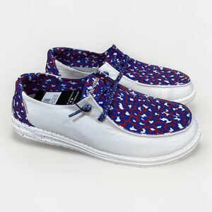 Hey Dude Womens Wendy Shoes Leo Americana Slip On White Leopard Size 11 Blue Red
